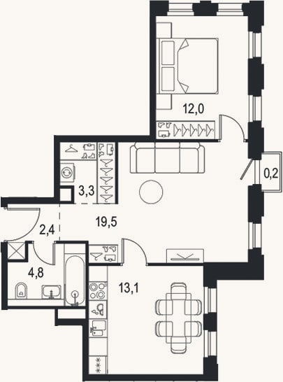 Планировка: 2-к, 55,1 м²