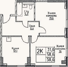 Планировка: 2-к, 58,6 м²
