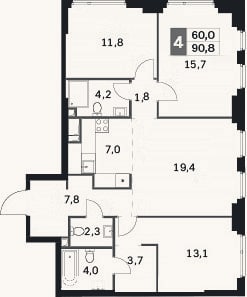 Планировка: 4+ к, 90,8 м²