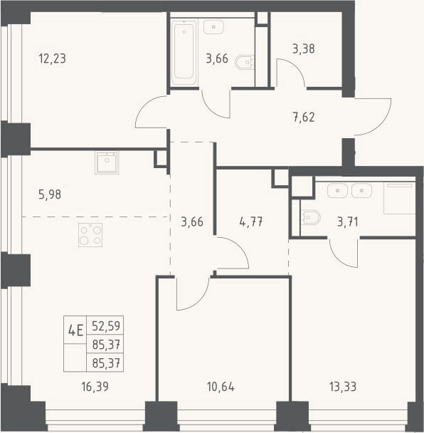 Планировка: 4+ к, 85,4 м²