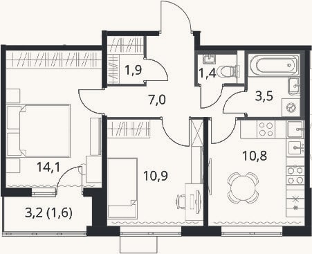 Планировка: 2-к, 49,6 м²