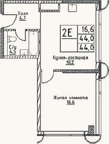 Планировка: 2-к, 44 м²
