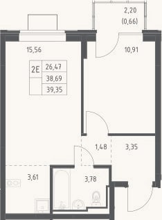Планировка: 2-к, 38,7 м²