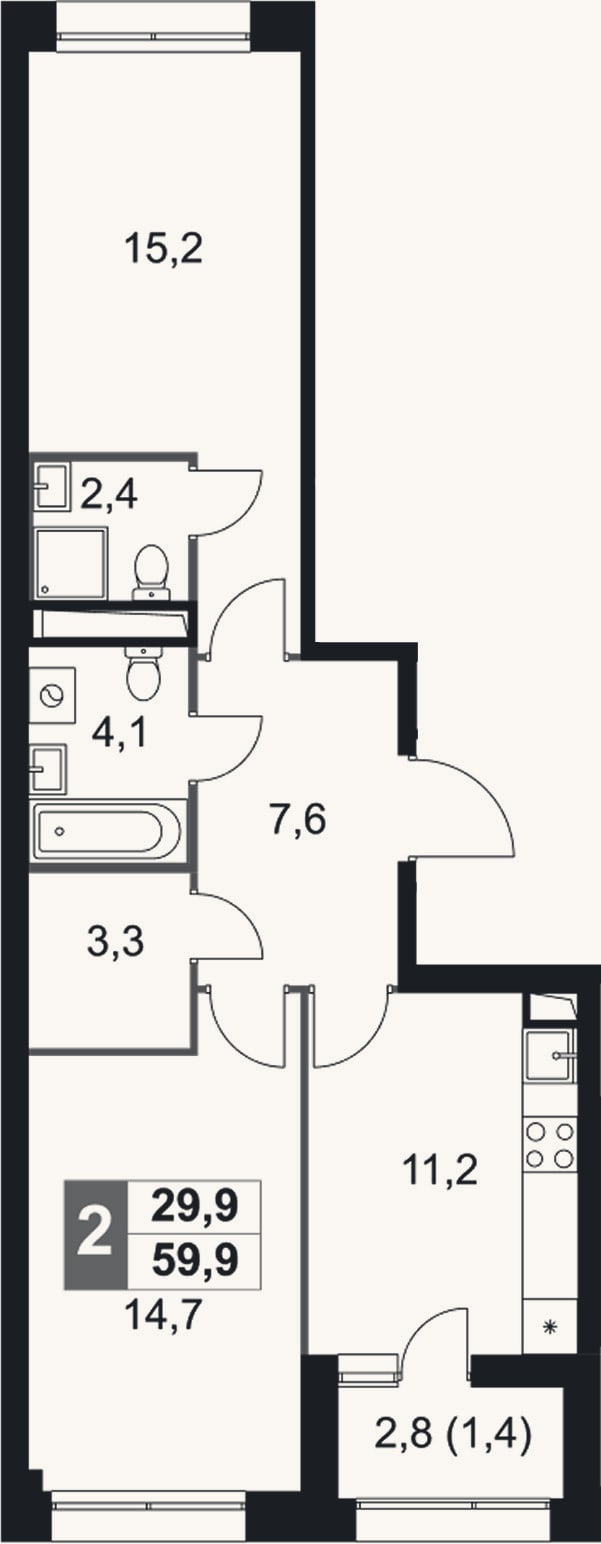 Планировка: 2-к, 58,5 м²