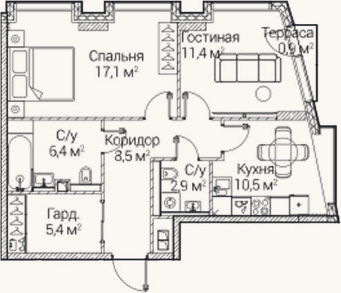 Планировка: 2-к, 61,7 м²