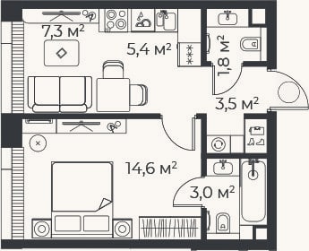 Планировка: 2-к, 35,7 м²