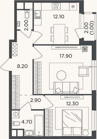 Планировка: 2-к, 60,1 м²