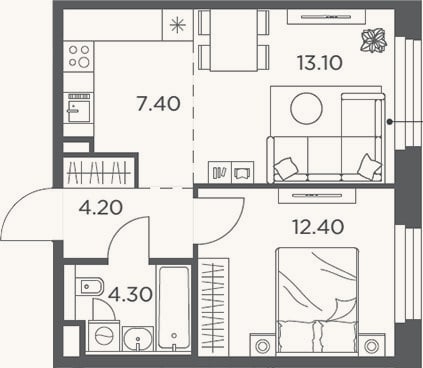 Планировка: 2-к, 41,4 м²