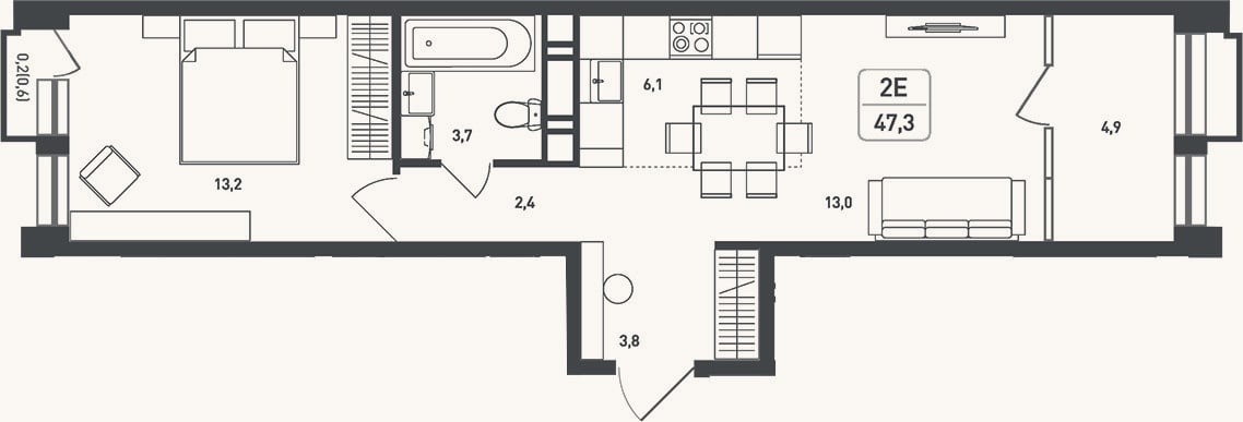 Планировка: 2-к, 43,8 м²