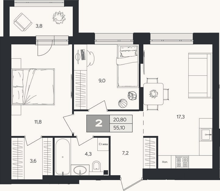 Планировка: 2-к, 53,2 м²