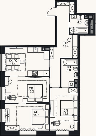 Планировка: 3-к, 90,8 м²
