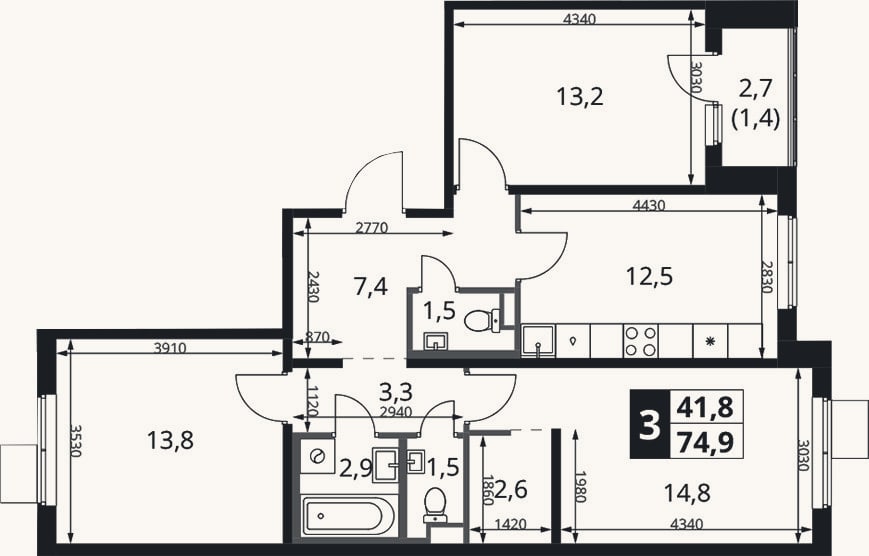 Планировка: 3-к, 73,5 м²