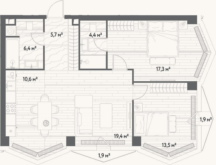 Планировка: 3-к, 77,3 м²