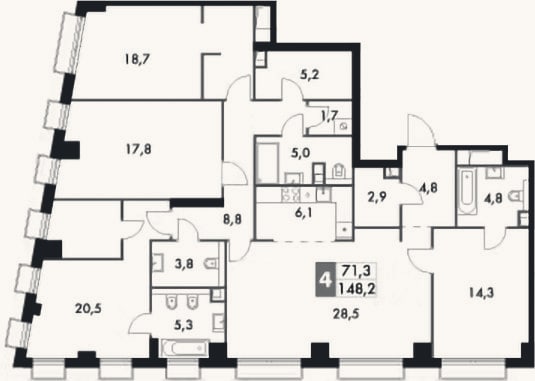 Планировка: 4+ к, 148,2 м²