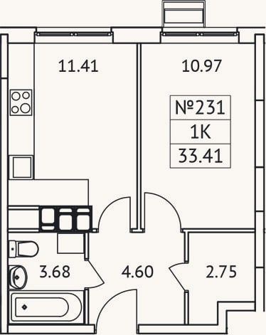 Планировка: 1-к, 33,4 м²