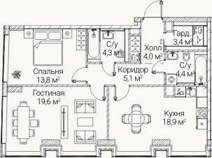 Планировка: 2-к, 73,4 м²