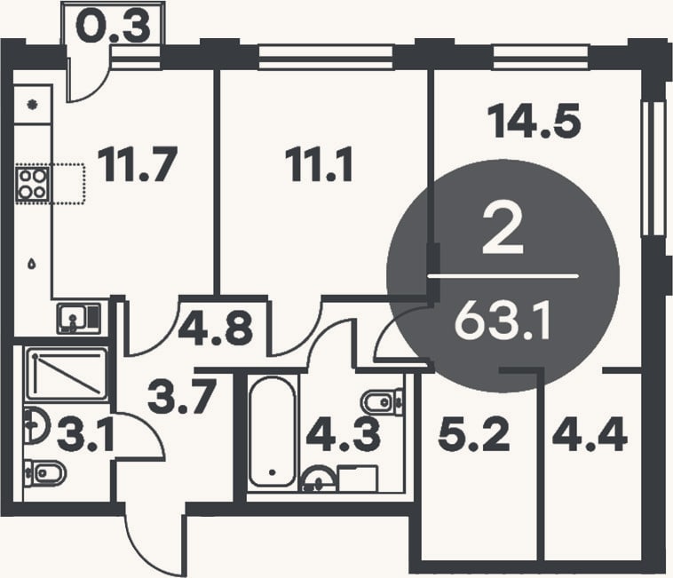 Планировка: 2-к, 62,8 м²