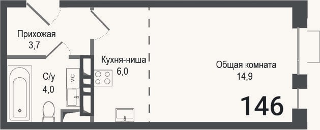 Планировка: Студия, 28,6 м²
