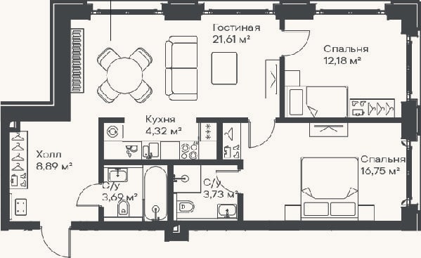 Планировка: 3-к, 71,2 м²