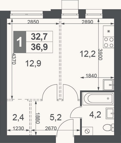 Планировка: 1-к, 36,9 м²