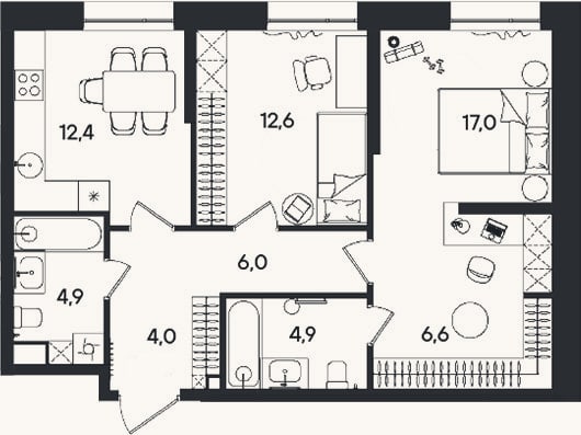 Планировка: 2-к, 68,4 м²