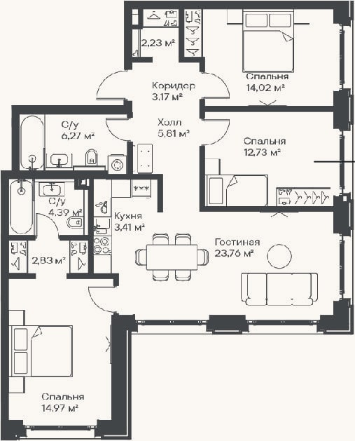 Планировка: 4+ к, 93,6 м²