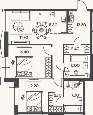 Планировка: 3-к, 74,1 м²
