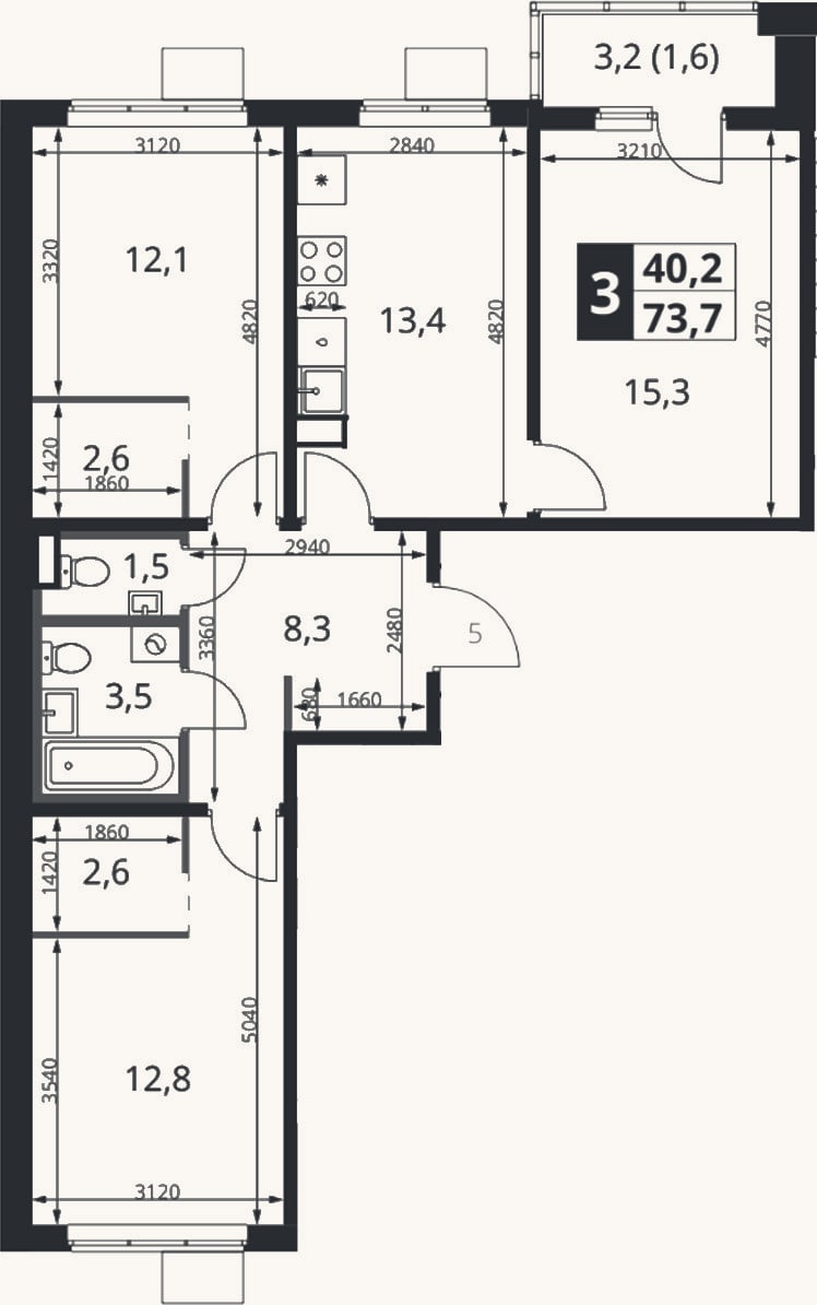 Планировка: 3-к, 72,1 м²
