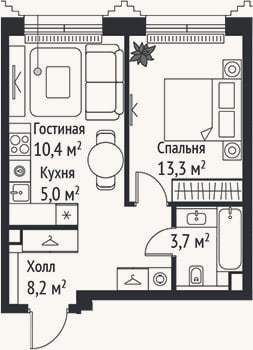 Планировка: 2-к, 40,6 м²