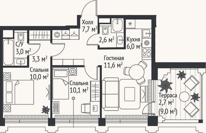 Планировка: 3-к, 54,3 м²