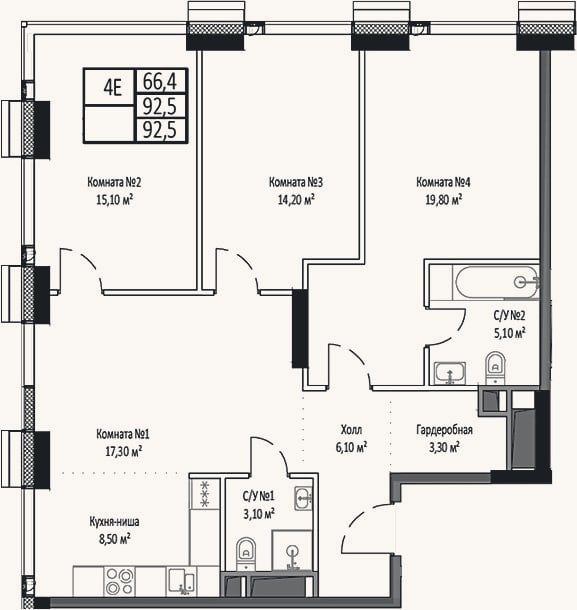 Планировка: 4+ к, 92,5 м²