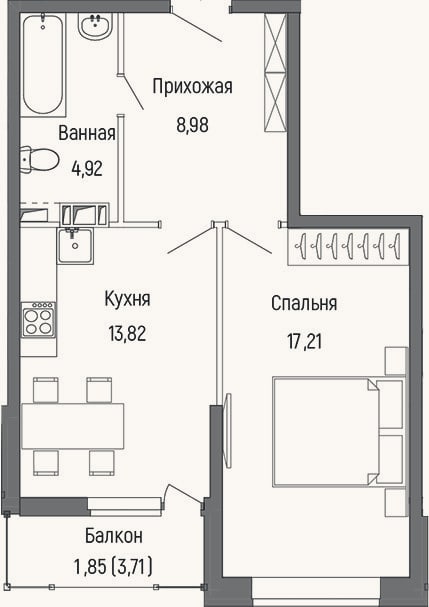 Планировка: 1-к, 44,9 м²