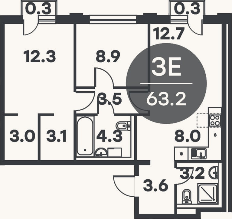 Планировка: 3-к, 62,6 м²