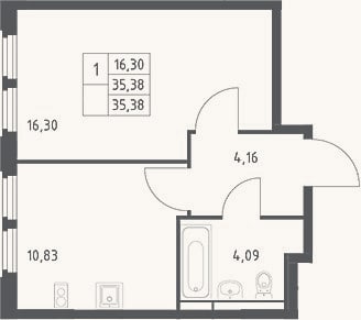 Планировка: 1-к, 35,4 м²