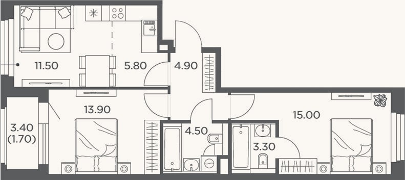 Планировка: 3-к, 59,2 м²