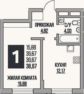 Планировка: 1-к, 36,7 м²