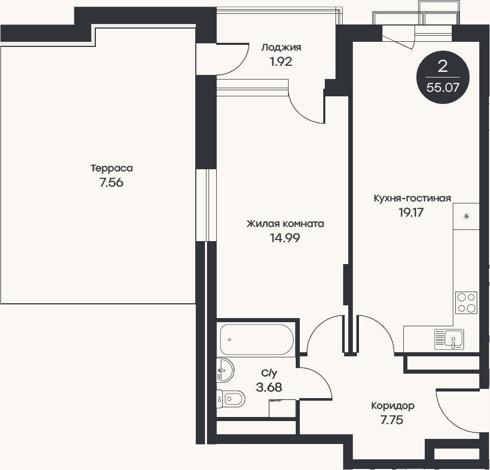 Планировка: 2-к, 55,1 м²