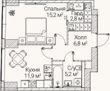 Планировка: 1-к, 41,9 м²