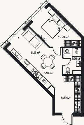Планировка: 2-к, 42 м²