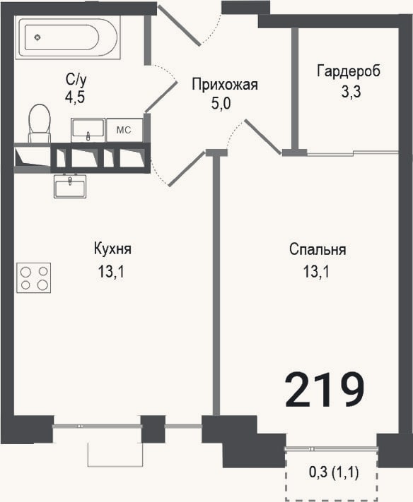 Планировка: 1-к, 39 м²