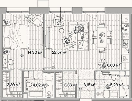 Планировка: 2-к, 63,4 м²