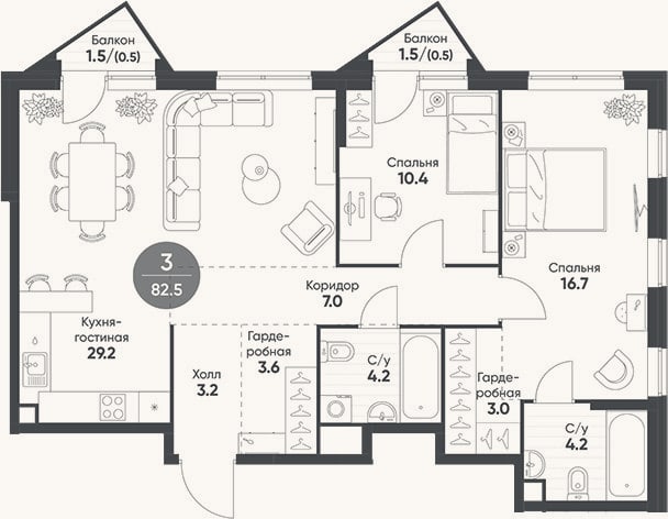 Планировка: 3-к, 81,5 м²