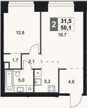 Планировка: 2-к, 50,1 м²