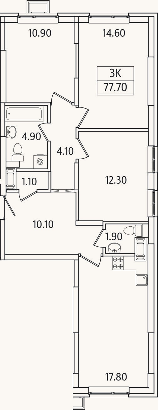 Планировка: 3-к, 77,7 м²