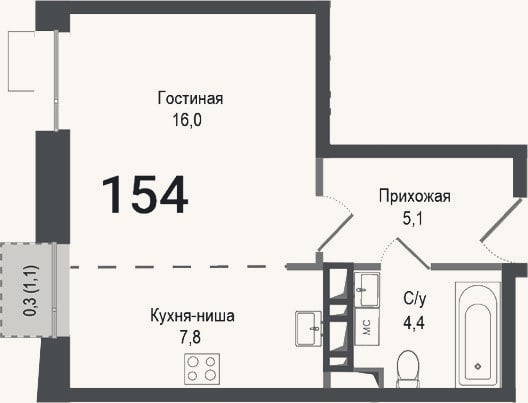 Планировка: Студия, 33,3 м²