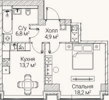 Планировка: 1-к, 43,5 м²