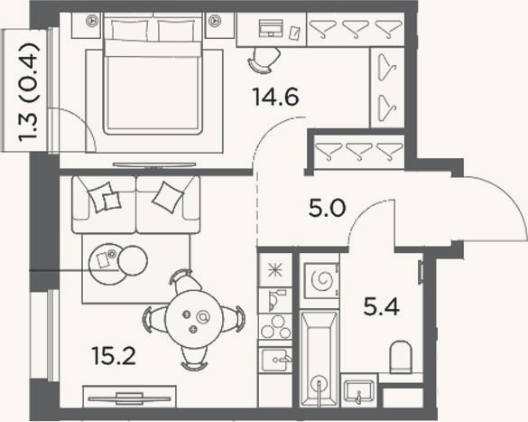 Планировка: 1-к, 40,2 м²