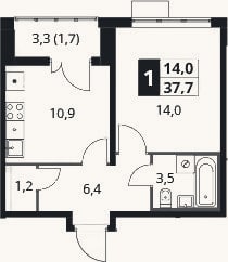 Планировка: 1-к, 36 м²