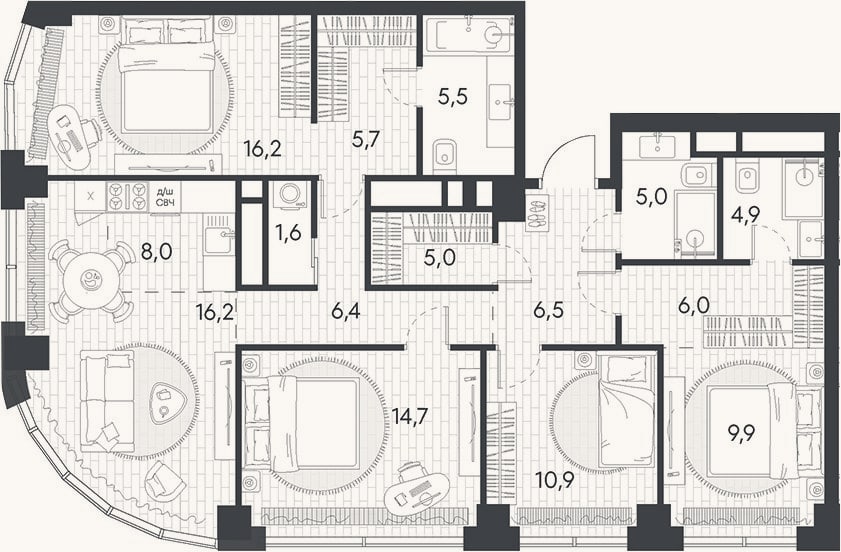 Планировка: 4+ к, 117,5 м²