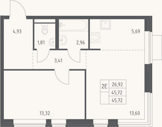 Планировка: 2-к, 45,7 м²